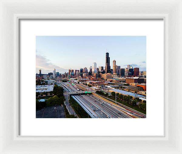 Aerial drone of downtown chicago Sunset - Framed Print