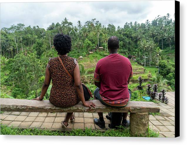 African American Family sitting on stone bench - Canvas Print