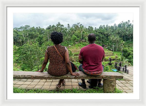 African American Family sitting on stone bench - Framed Print