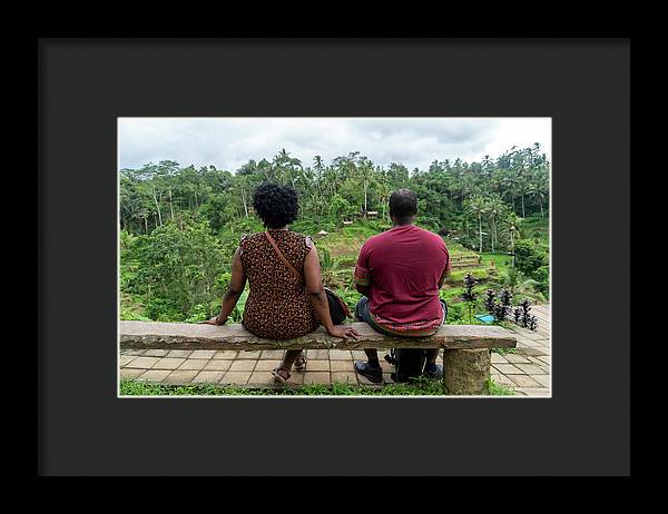 African American Family sitting on stone bench - Framed Print