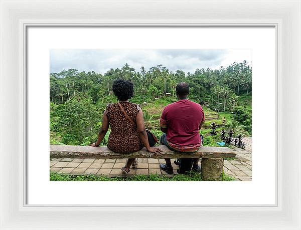 African American Family sitting on stone bench - Framed Print