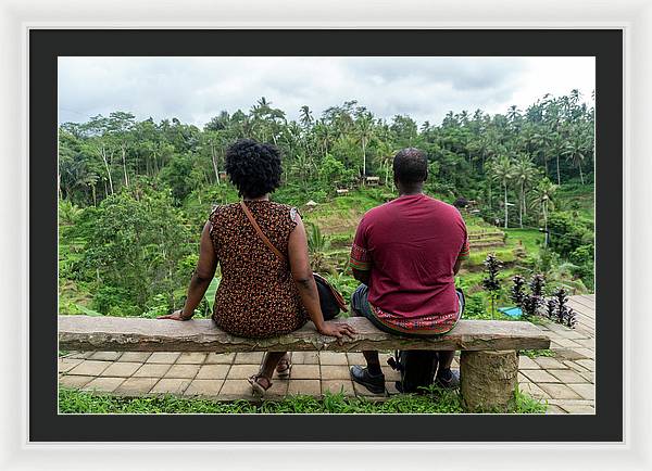 African American Family sitting on stone bench - Framed Print