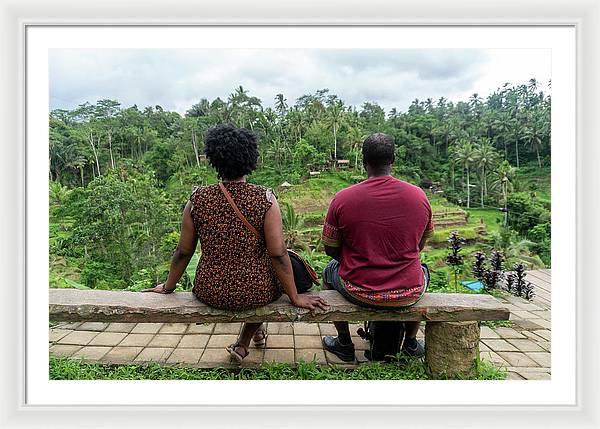 African American Family sitting on stone bench - Framed Print