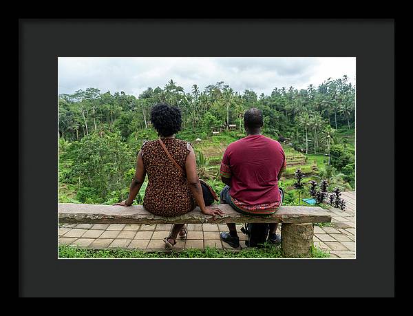 African American Family sitting on stone bench - Framed Print