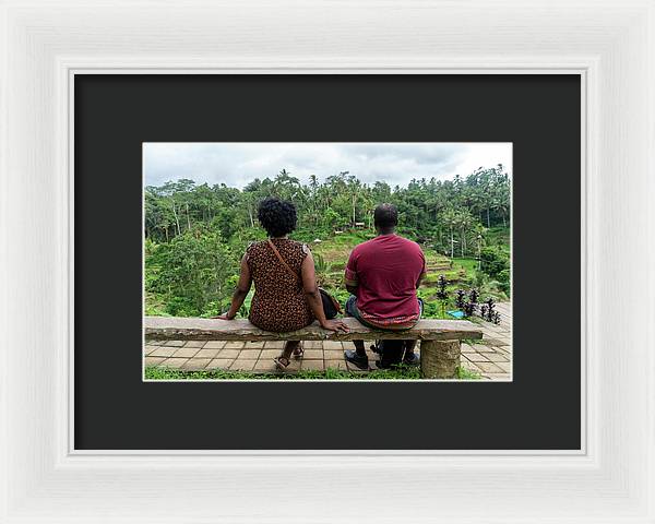 African American Family sitting on stone bench - Framed Print