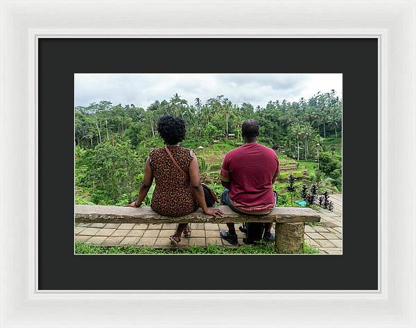 African American Family sitting on stone bench - Framed Print