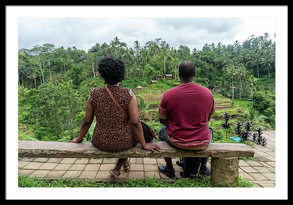 African American Family sitting on stone bench - Framed Print
