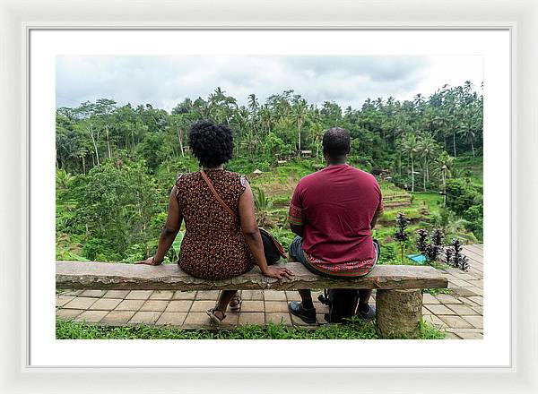 African American Family sitting on stone bench - Framed Print