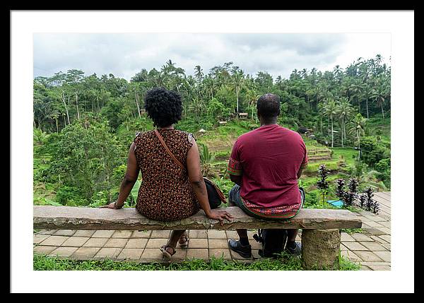 African American Family sitting on stone bench - Framed Print