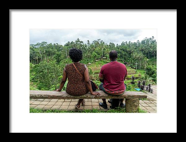 African American Family sitting on stone bench - Framed Print