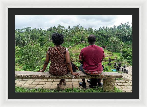 African American Family sitting on stone bench - Framed Print