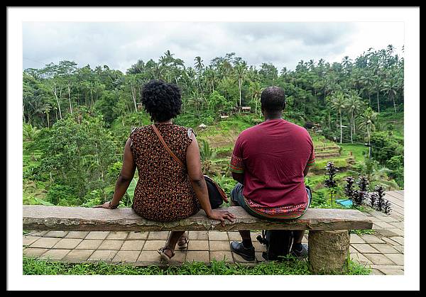 African American Family sitting on stone bench - Framed Print