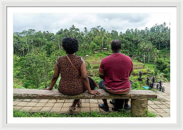 African American Family sitting on stone bench - Framed Print