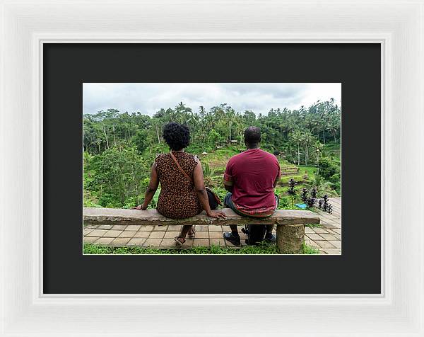 African American Family sitting on stone bench - Framed Print