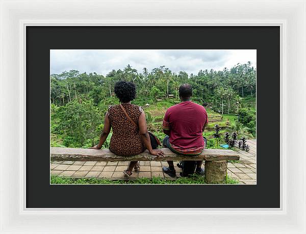 African American Family sitting on stone bench - Framed Print