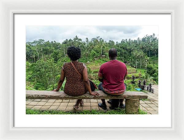 African American Family sitting on stone bench - Framed Print