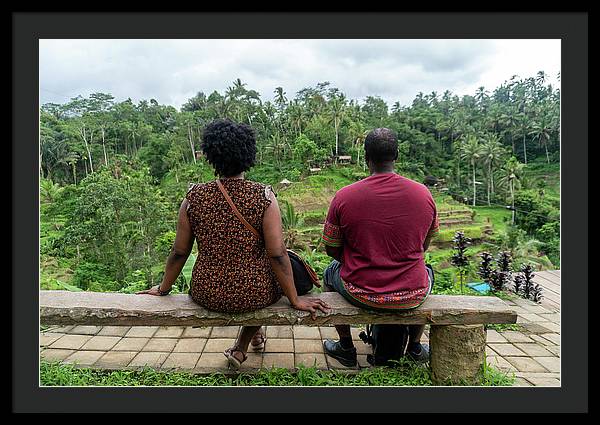 African American Family sitting on stone bench - Framed Print