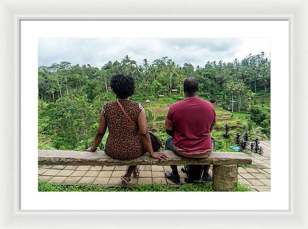 African American Family sitting on stone bench - Framed Print