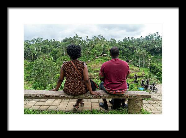 African American Family sitting on stone bench - Framed Print