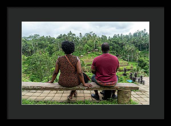 African American Family sitting on stone bench - Framed Print