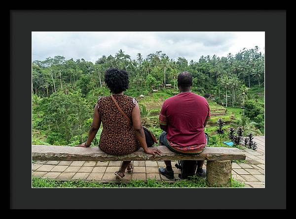 African American Family sitting on stone bench - Framed Print