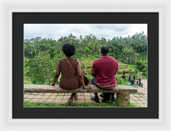 African American Family sitting on stone bench - Framed Print