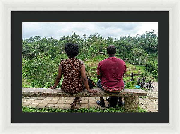African American Family sitting on stone bench - Framed Print
