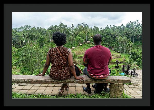 African American Family sitting on stone bench - Framed Print
