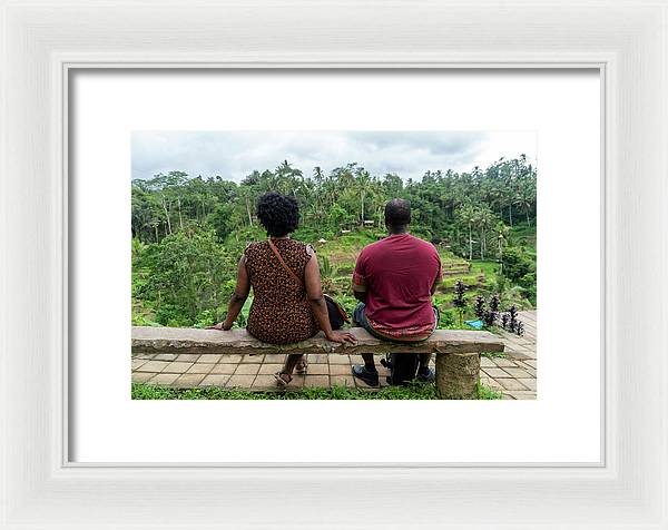 African American Family sitting on stone bench - Framed Print