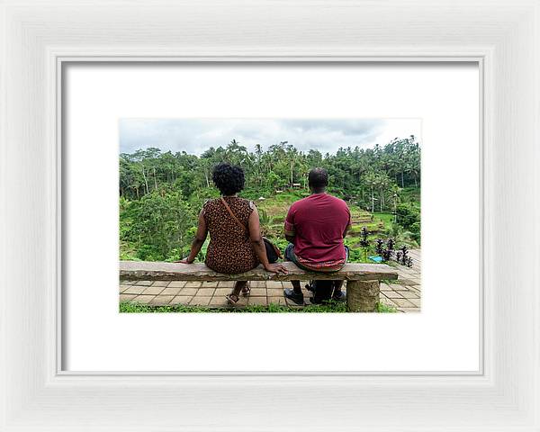 African American Family sitting on stone bench - Framed Print