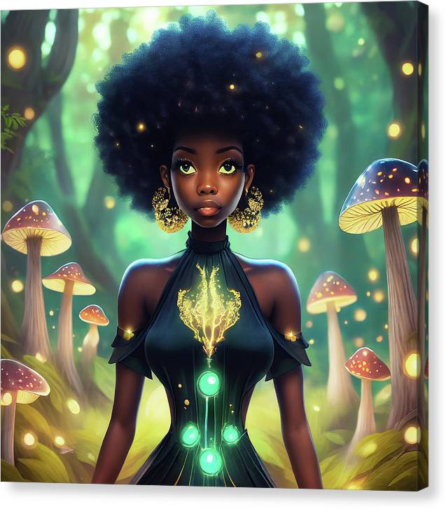 Black Queen In A Mushroom Forest  - Canvas Print