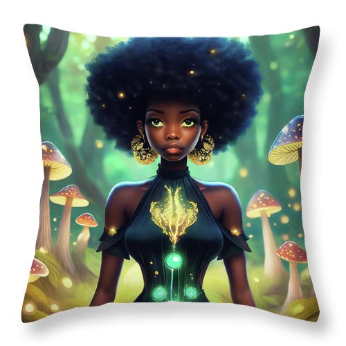 Black Queen In A Mushroom Forest  - Throw Pillow