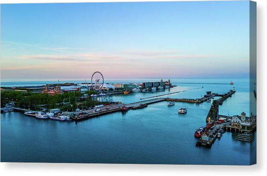 aerial drone image of Navy Pier during sunset  - Canvas Print