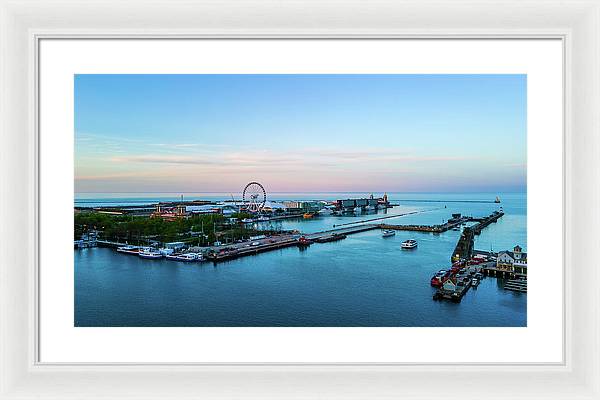 aerial drone image of Navy Pier during sunset  - Framed Print