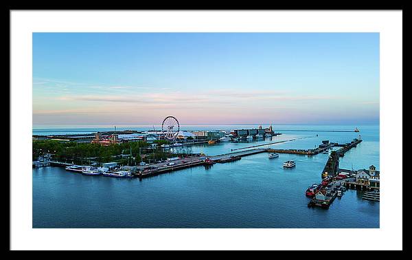 aerial drone image of Navy Pier during sunset  - Framed Print