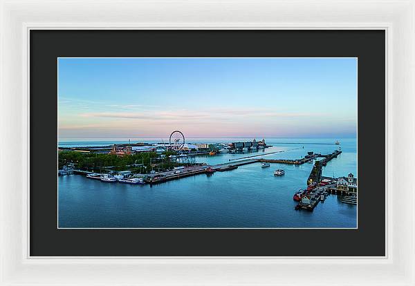 aerial drone image of Navy Pier during sunset  - Framed Print