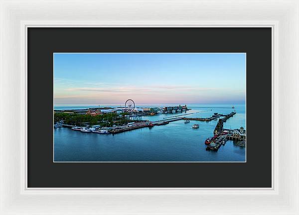 aerial drone image of Navy Pier during sunset  - Framed Print