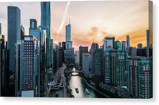 Aerial drone of downtown chicago over the riverwalk  - Canvas Print