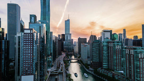 Aerial drone of downtown chicago over the riverwalk  - Art Print