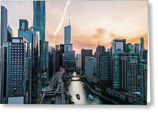 Aerial drone of downtown chicago over the riverwalk  - Greeting Card