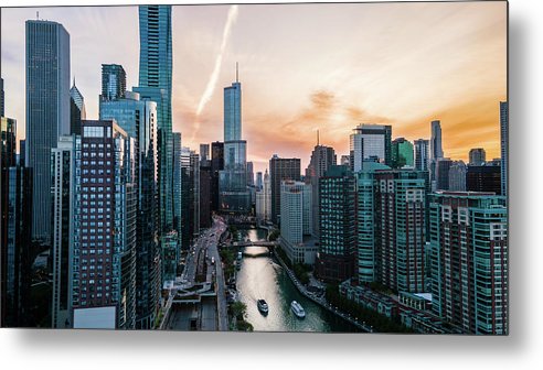 Aerial drone of downtown chicago over the riverwalk  - Metal Print