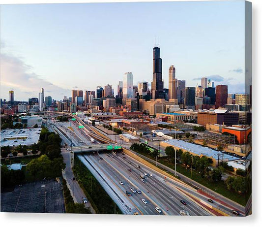 Aerial drone of downtown chicago Sunset - Canvas Print