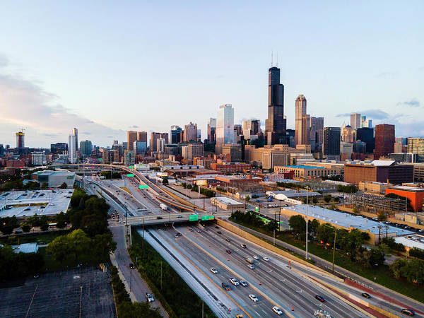 Aerial drone of downtown chicago Sunset - Art Print