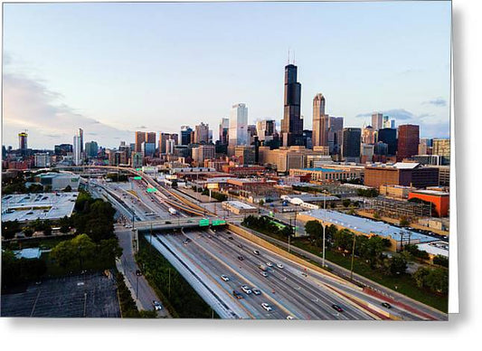 Aerial drone of downtown chicago Sunset - Greeting Card