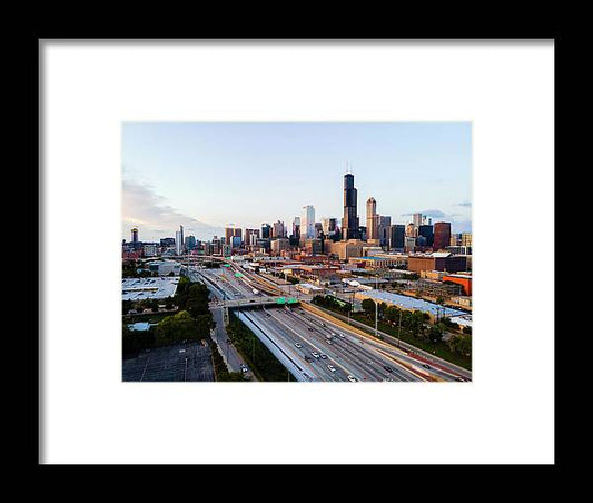 Aerial drone of downtown chicago Sunset - Framed Print