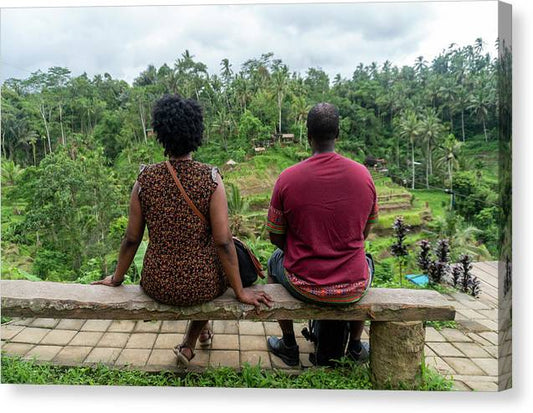 African American Family sitting on stone bench - Canvas Print