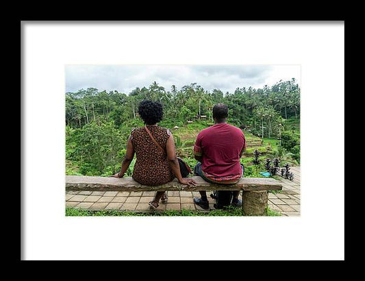 African American Family sitting on stone bench - Framed Print