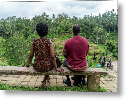 African American Family sitting on stone bench - Metal Print