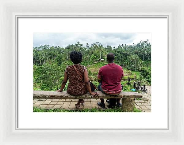 African American Family sitting on stone bench - Framed Print