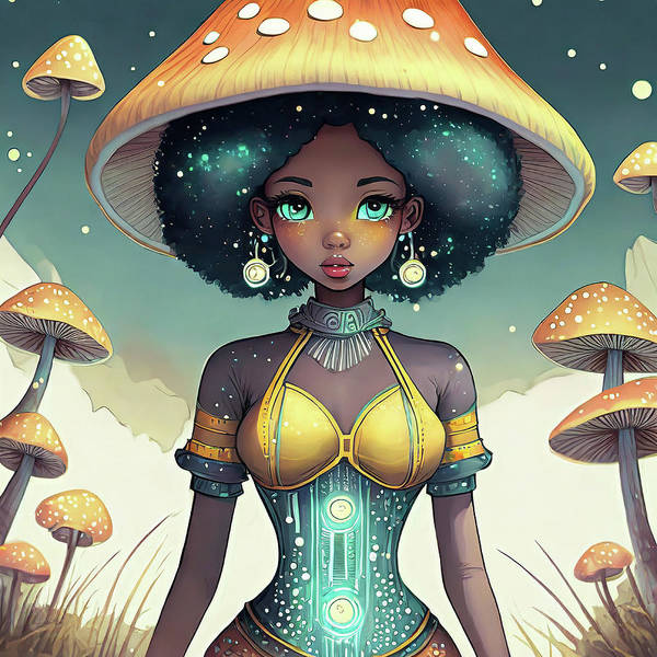 Black Queen In A Mushroom Forest  - Art Print